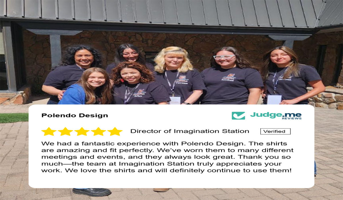 Customers wearing Polendo Design shirts with a 5-star review from Judge.me