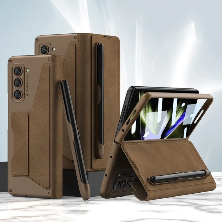 Shockproof Leather Case with Pen Slot for Samsung Galaxy Z Fold 5 - Polendo Design