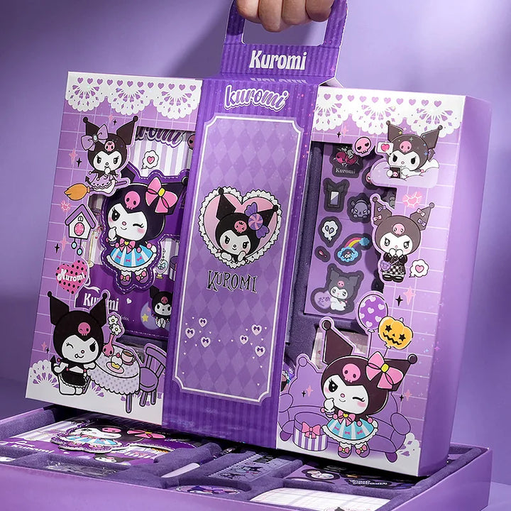 Kuromi-themed product packaging with character illustrations on a purple background