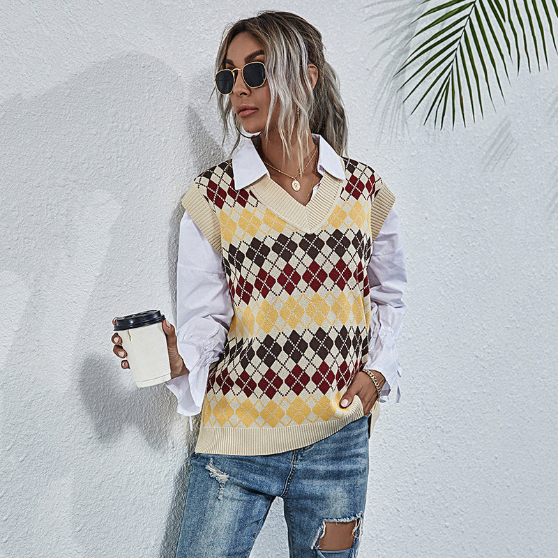 Women V Neck Knitted Sweater Vest - Polendo Design womens v neck sweater vest