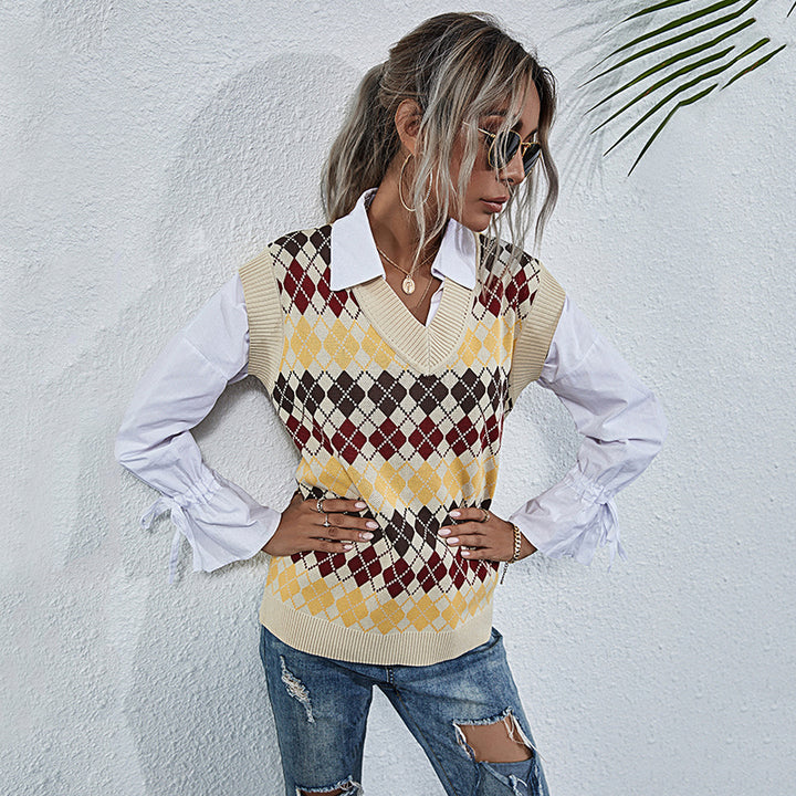 Women V Neck Knitted Sweater Vest - Polendo Design womens v neck sweater vest