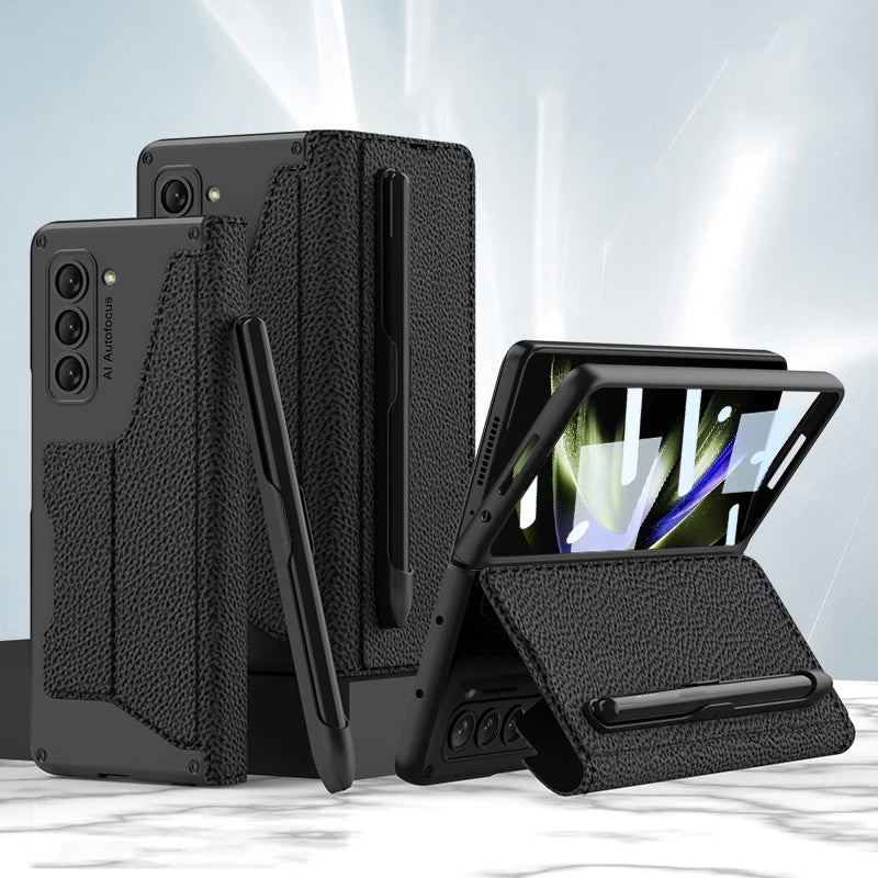 Shockproof Leather Case with Pen Slot for Samsung Galaxy Z Fold 5 - Polendo Design