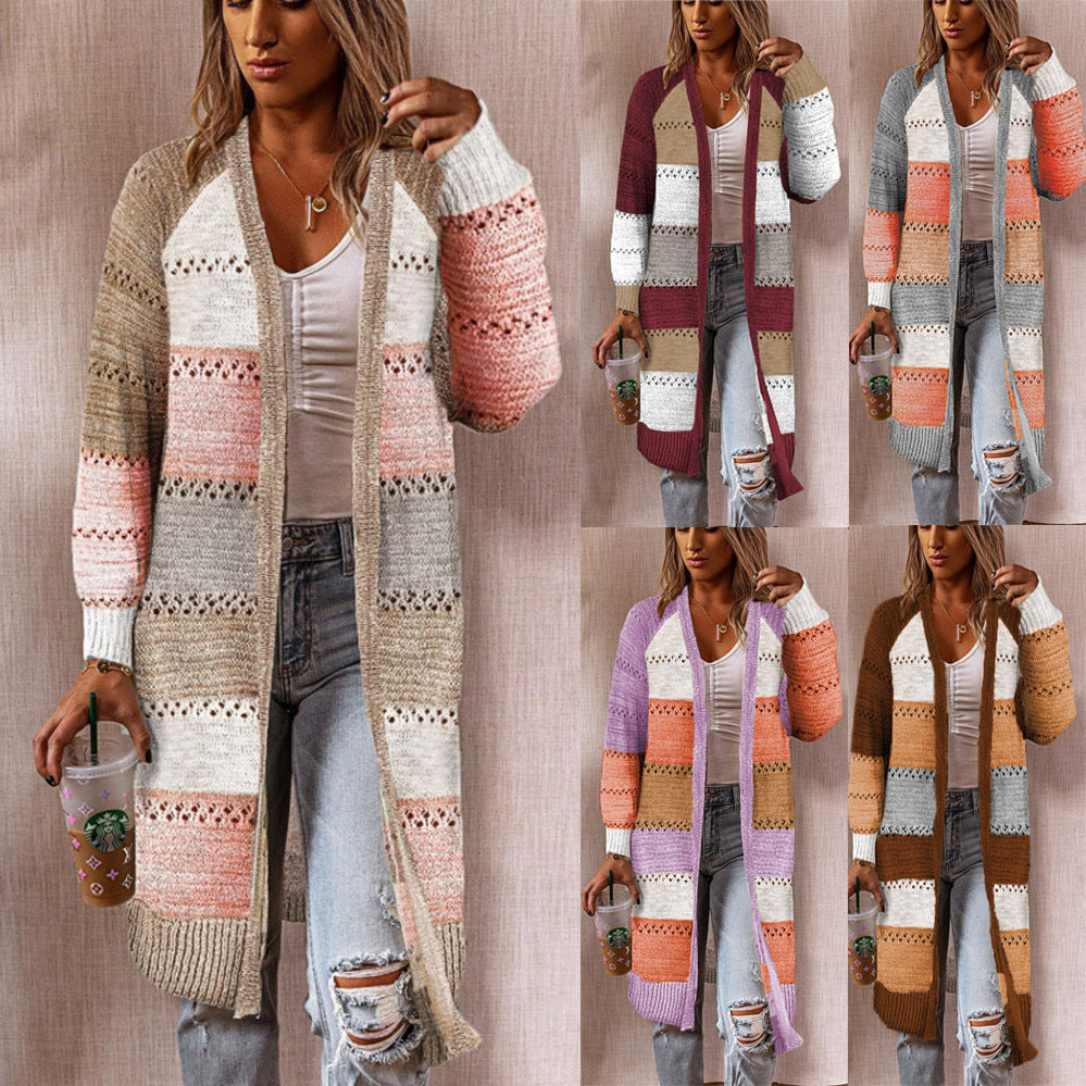 Women's long colorful striped cardigan shown in multiple color variations