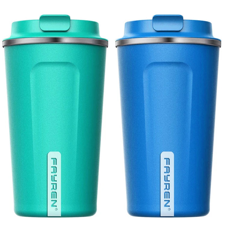 Insulated travel mugs, one green and one blue, with 'Fayren' branding on a white background.