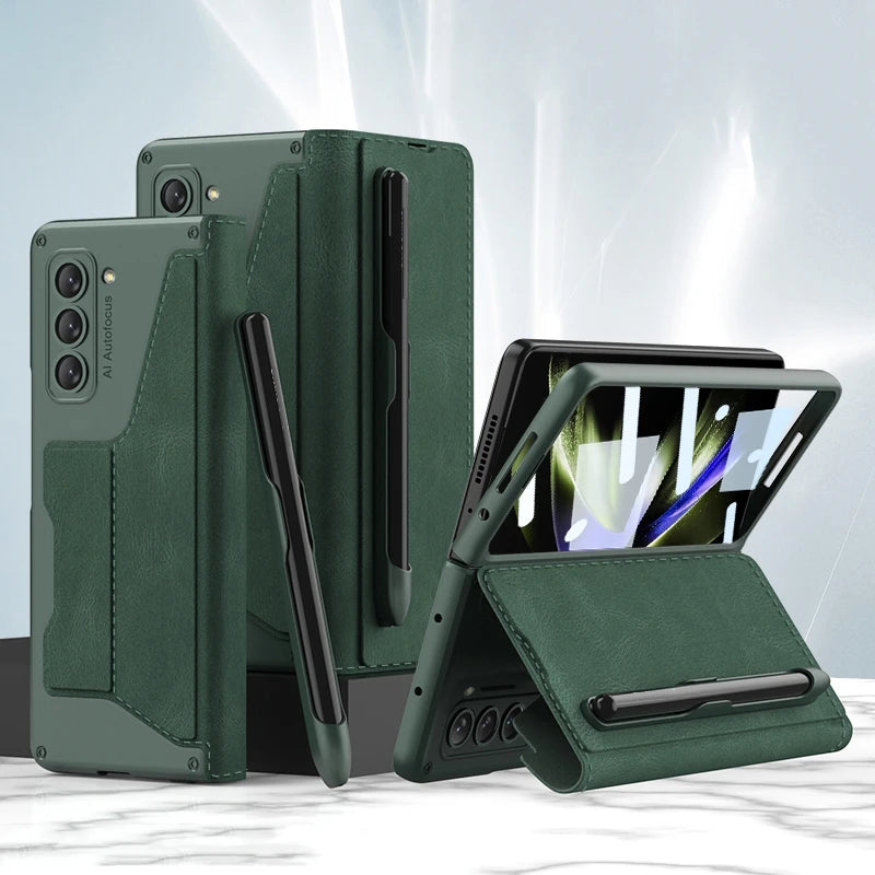 Shockproof Leather Case with Pen Slot for Samsung Galaxy Z Fold 5 - Polendo Design