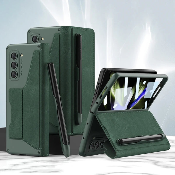Shockproof Leather Case with Pen Slot for Samsung Galaxy Z Fold 5 - Polendo Design