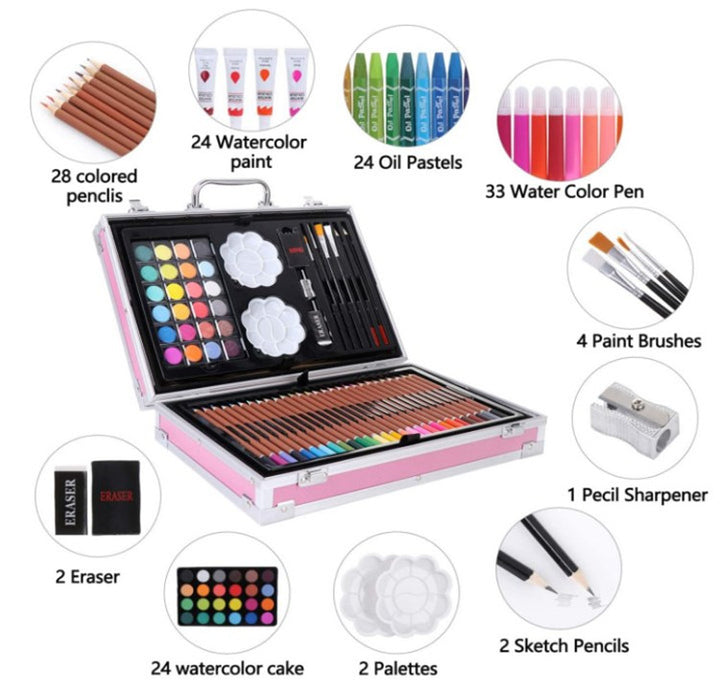 Art supply set with colored pencils, watercolor paint, and other tools in a pink case.