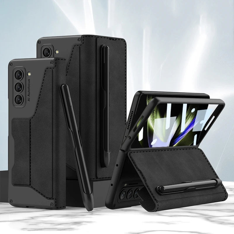 Shockproof Leather Case with Pen Slot for Samsung Galaxy Z Fold 5 - Polendo Design