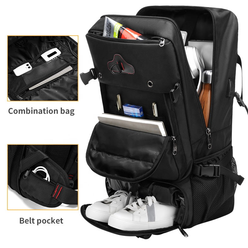 Black backpack with multiple compartments and a belt pocket, featuring a close-up of the pocket.