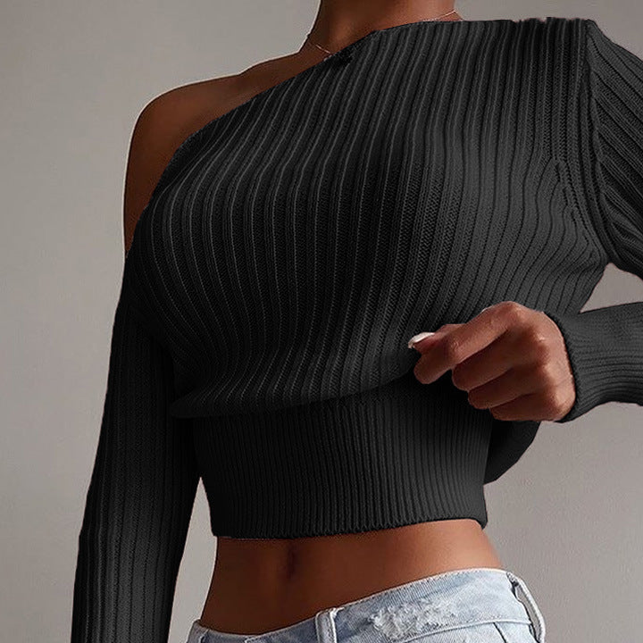 Female model wearing white one-shoulder ribbed knit top