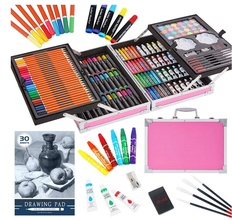 Assorted art supplies including markers, pencils, and a drawing pad on a white background.