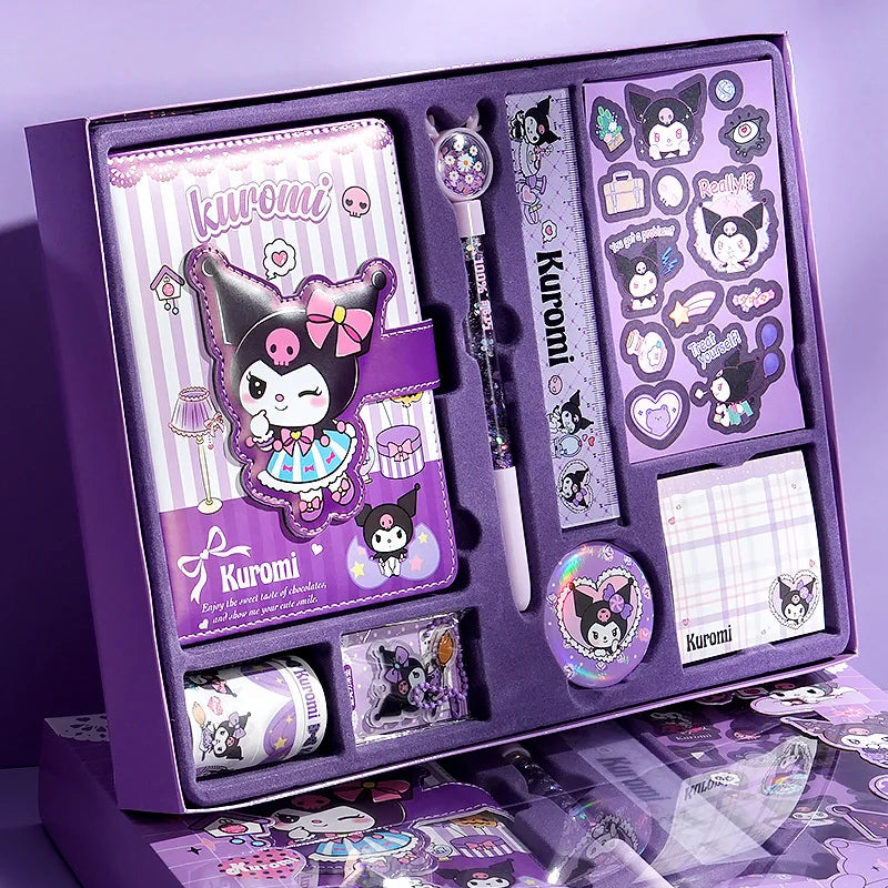 Kurumi-themed stationery set with notebook, pen, stickers, and more in a purple box.