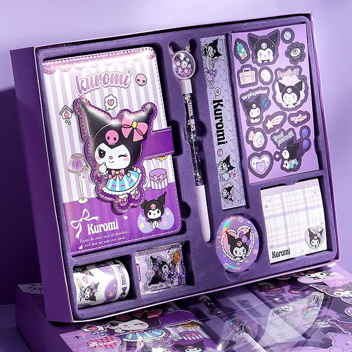 Kurumi-themed stationery set with notebook, pen, stickers, and more in a purple box.