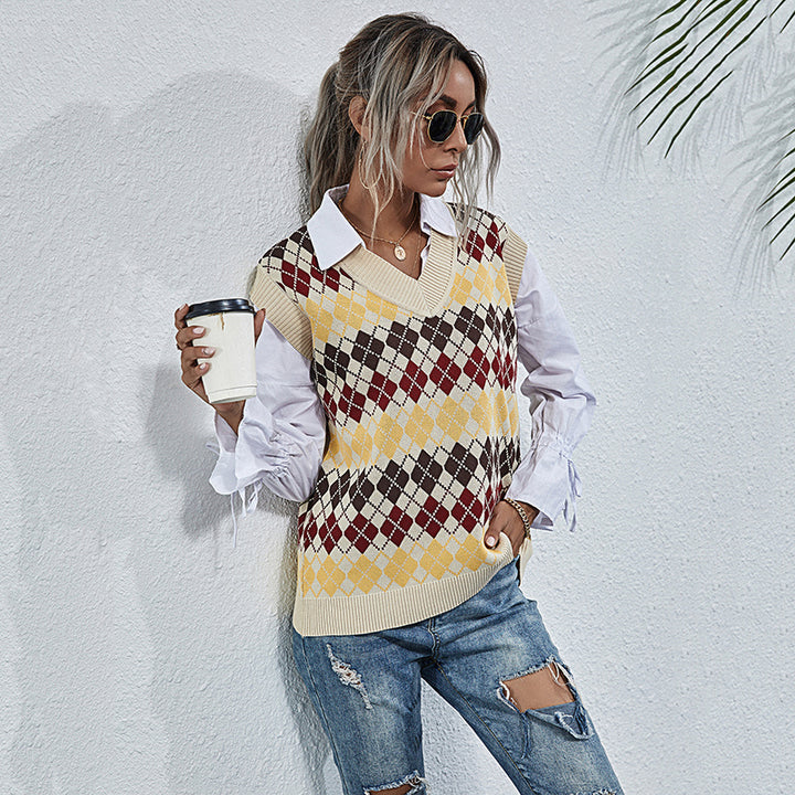 Women V Neck Knitted Sweater Vest - Polendo Design womens v neck sweater vest