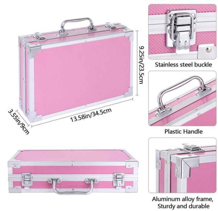 Pink and silver case with measurements and features highlighted