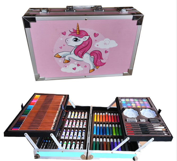 Art supply set with colorful items in a pink case featuring a unicorn design.