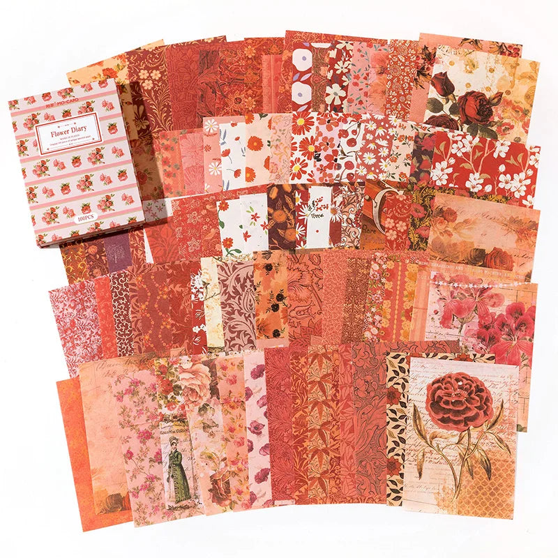 100 Pcs Vintage Background Paper Floral Paper DIY Set