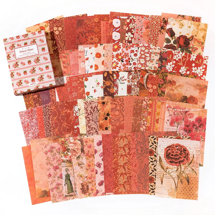 100 Pcs Vintage Background Paper Floral Paper DIY Set