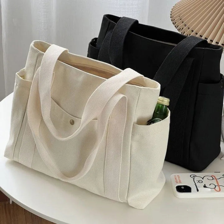 Everyday Black Canvas Tote Bag with Pockets