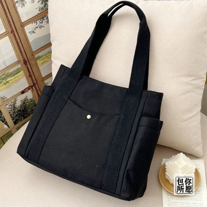 Everyday Black Canvas Tote Bag with Pockets