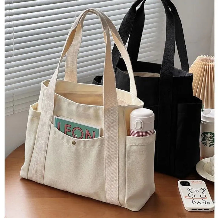 Everyday Black Canvas Tote Bag with Pockets