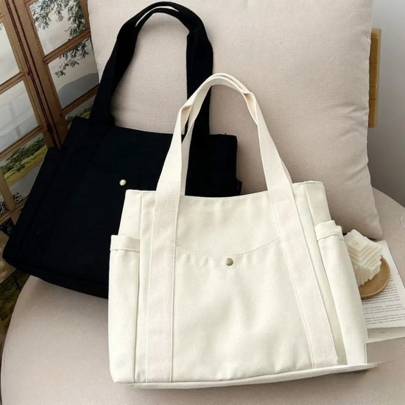 Everyday Black Canvas Tote Bag with Pockets