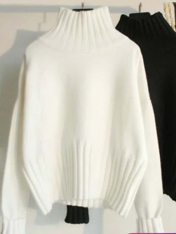 White ribbed turtleneck sweater with black cuffs and hem on hanger