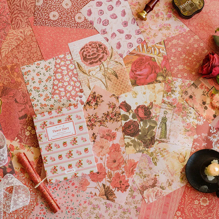 100 Pcs Vintage Background Paper Floral Paper DIY Set