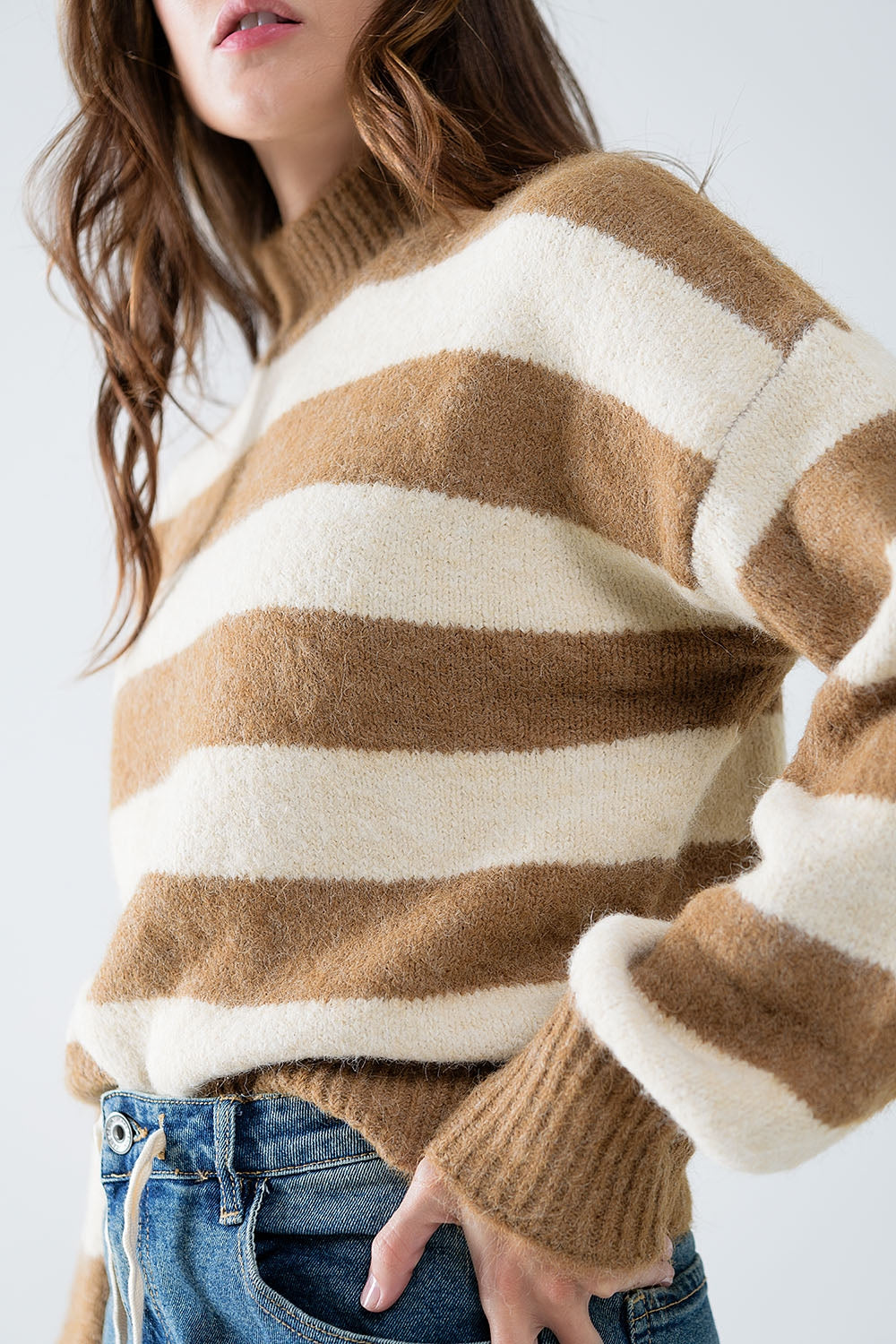 Beige Striped Turtleneck Sweater for Women