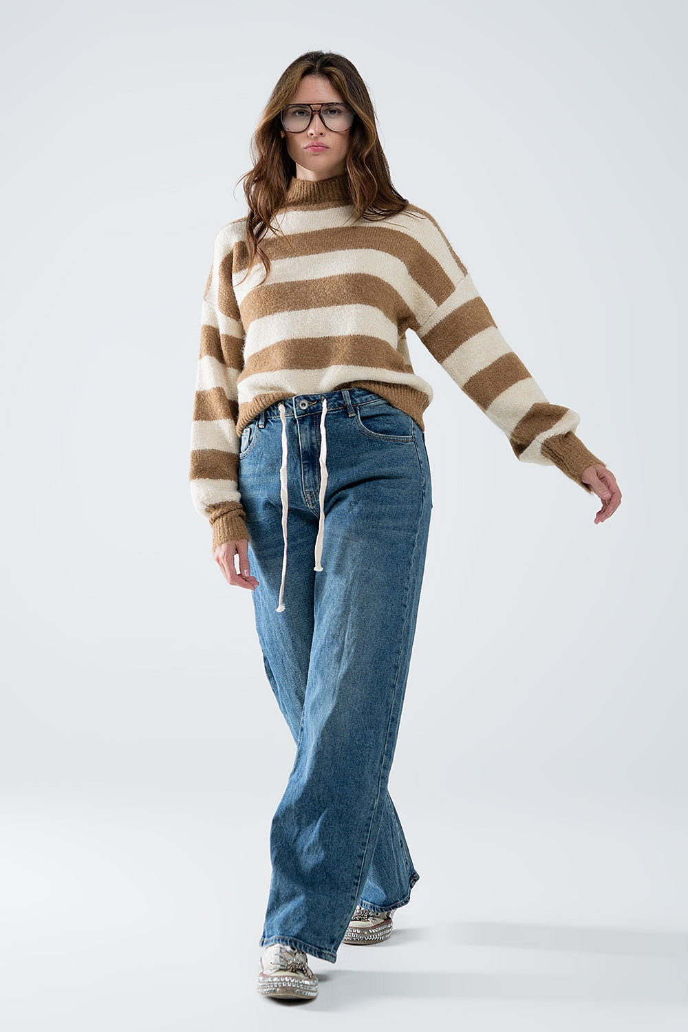 Beige Striped Turtleneck Sweater for Women