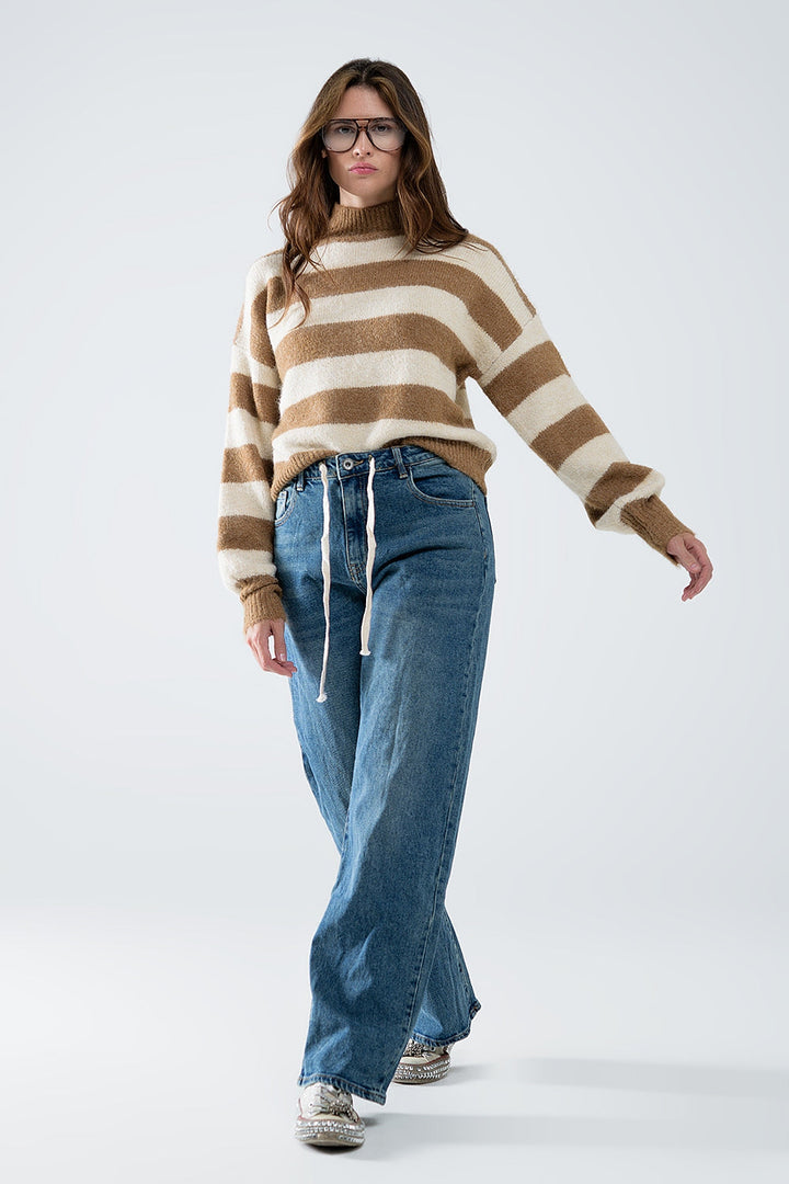 Beige Striped Turtleneck Sweater for Women