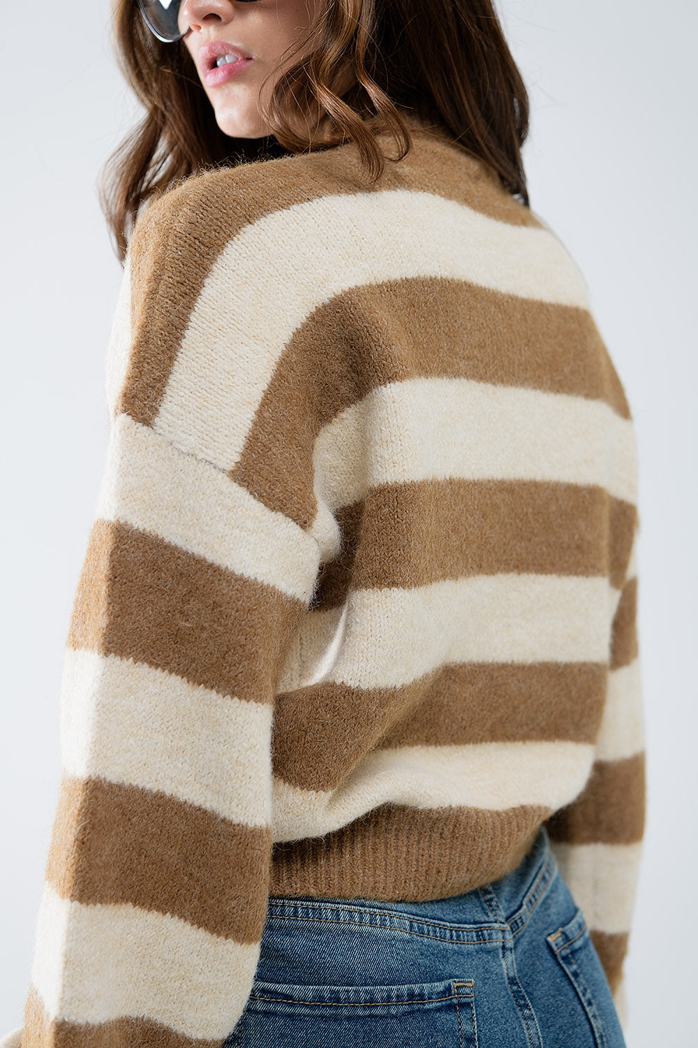 Beige Striped Turtleneck Sweater for Women
