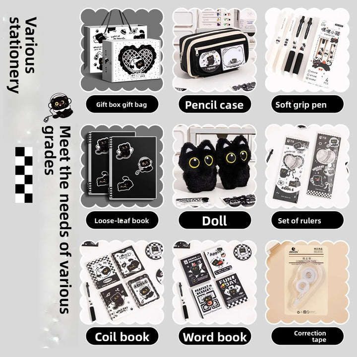 Black Cat Stationery Set – Aesthetic School Kit with Pen &amp; Pouch - Polendo Design black cat stationery set