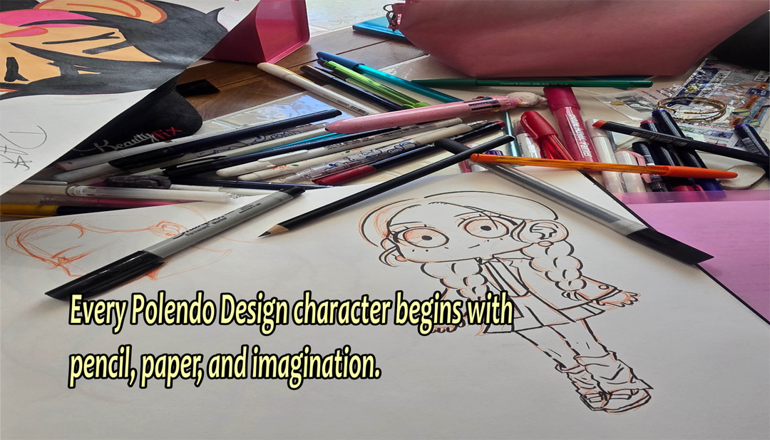 Polendo Design hand-drawn character sketch on paper surrounded by pencils and markers