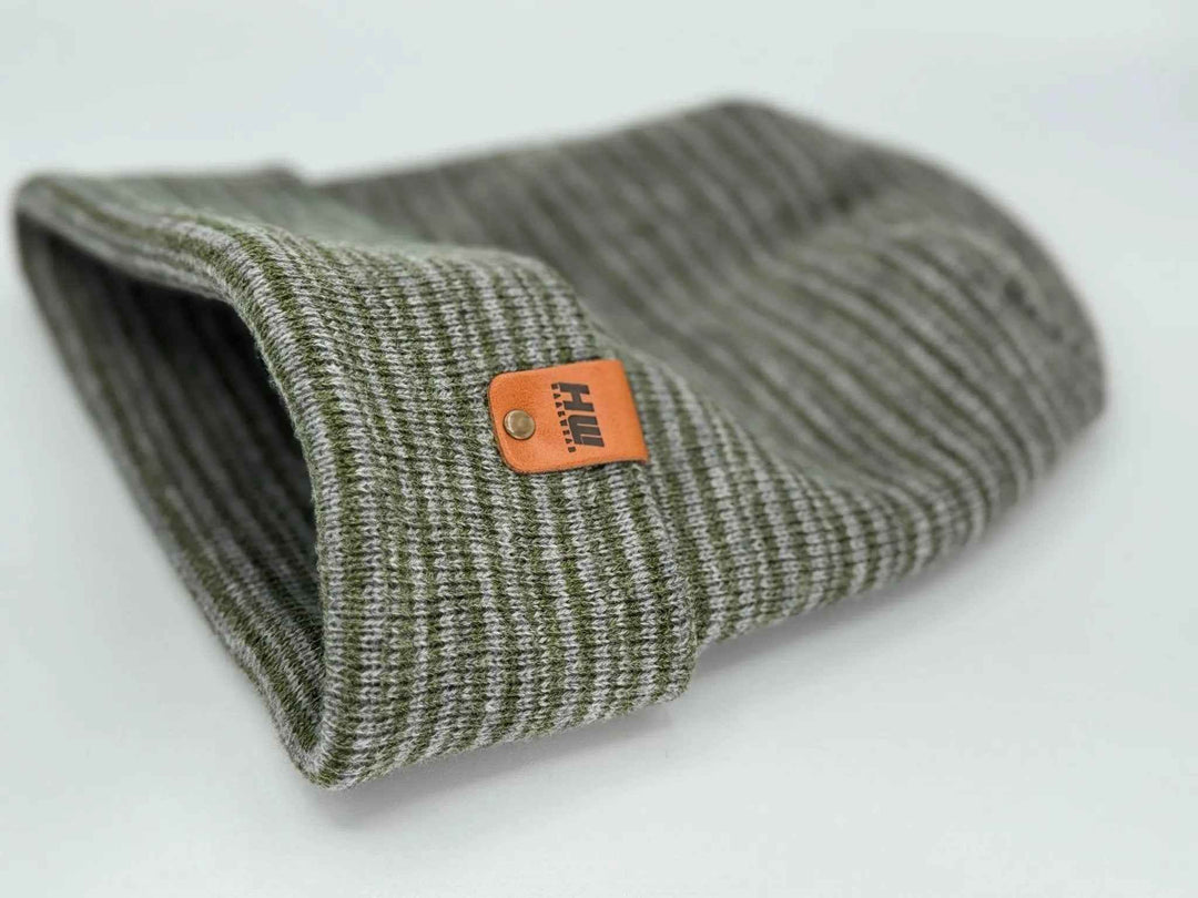 H - Stitch Contrast Cuffed Beanie – Gray/Green | Made in USA | Trending Designer Winter Hat 2025 - Polendo Design