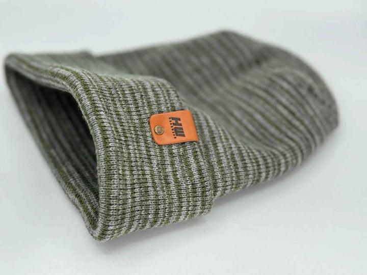 H - Stitch Contrast Cuffed Beanie – Gray/Green | Made in USA | Trending Designer Winter Hat 2025 - Polendo Design