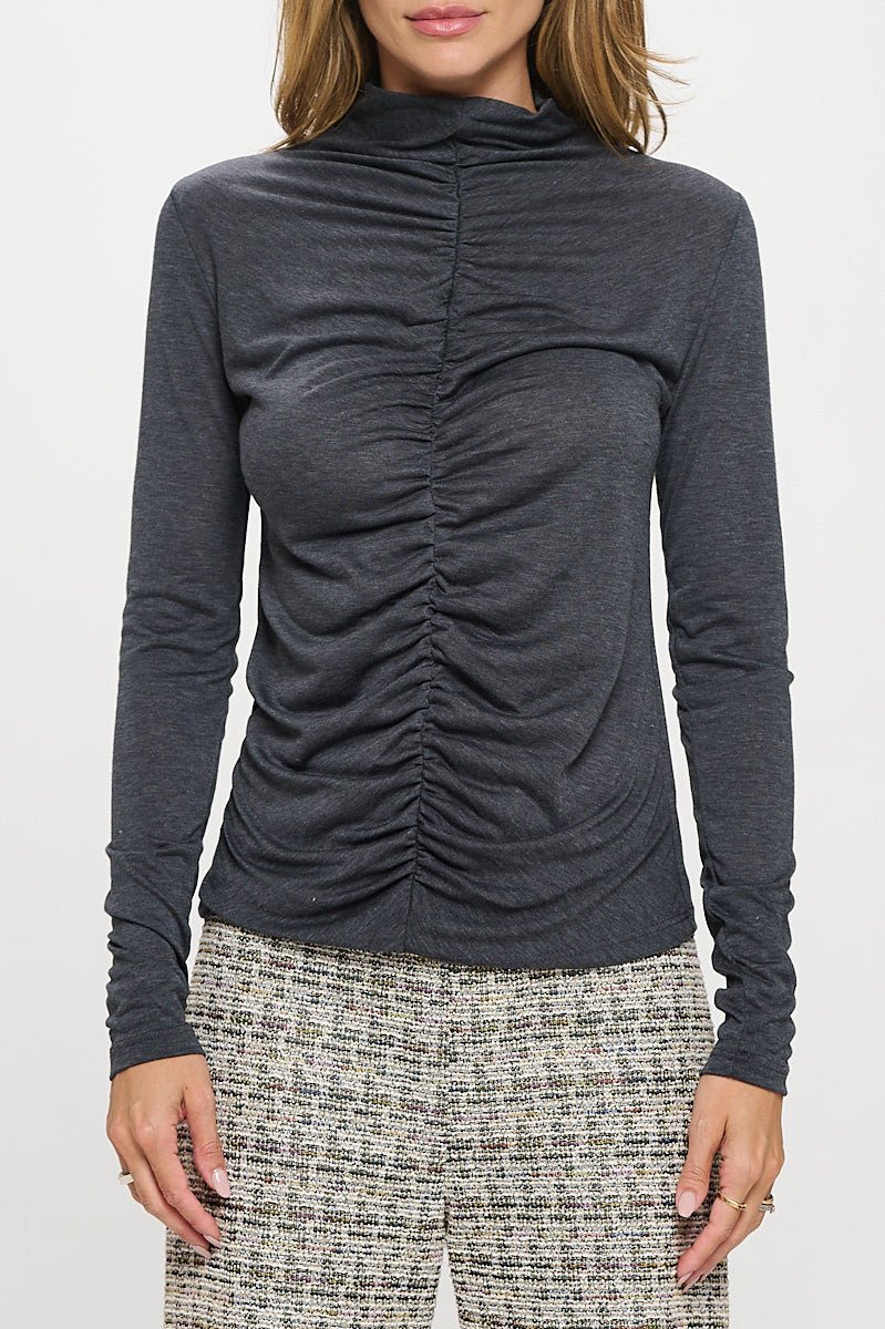 Knit Long Sleeve Mock neck Top with Scrunched Detail - Polendo Design