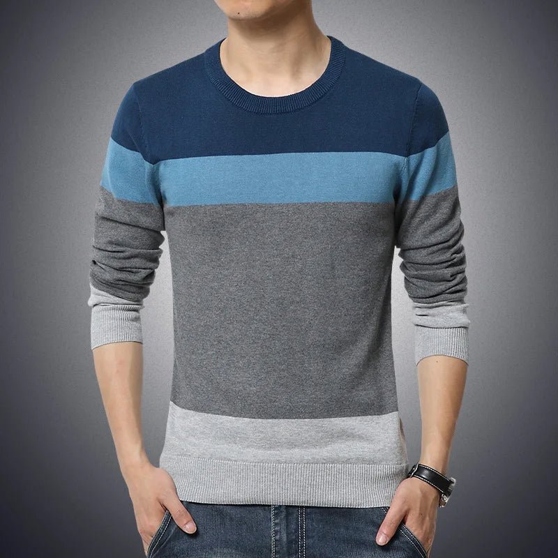 Mens Striped Knit Sweater – Slim Fit O Neck - Polendo Design mens striped knit sweater