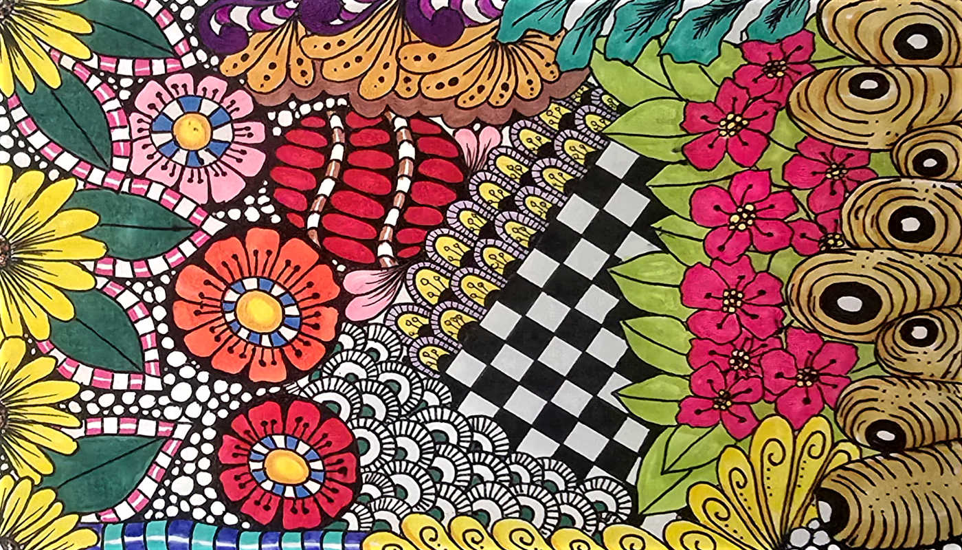 colorful hand-drawn pattern with floral elements, geometric shapes, and bold abstract details by Polendo Design