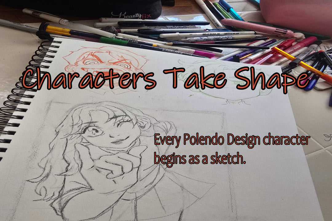 Polendo Design character sketch in a sketchbook with pens showing the beginning of the hand drawn art process.