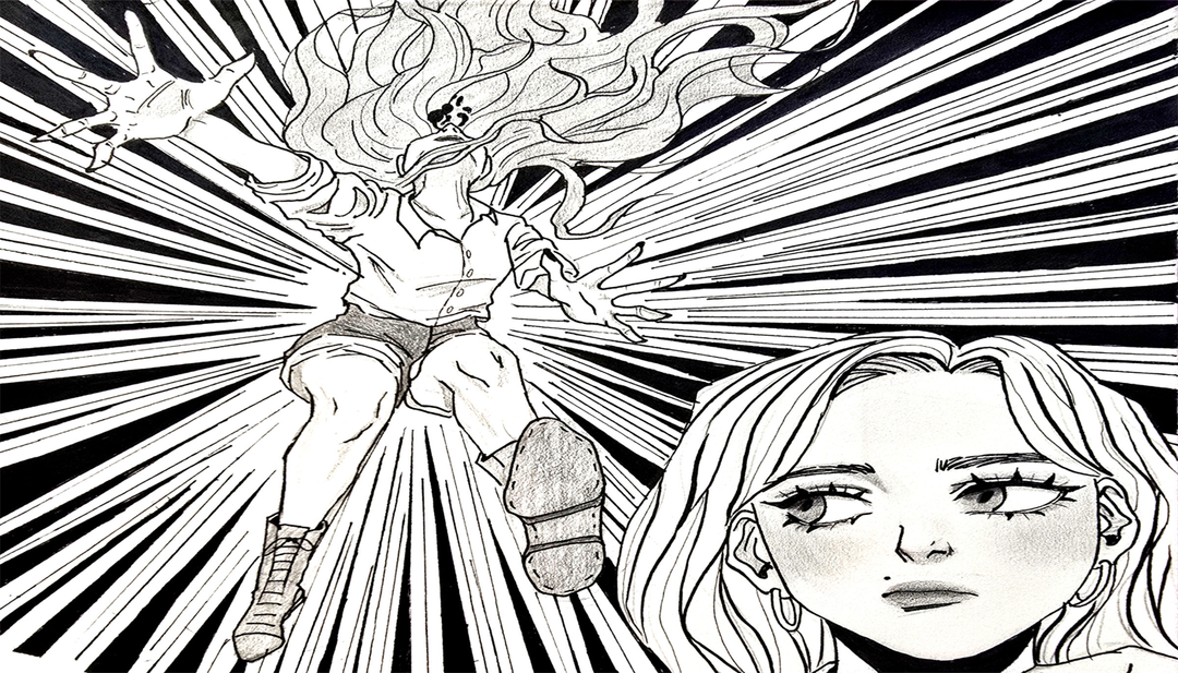 black and white hand-drawn illustration of a character with dynamic motion lines and close-up face