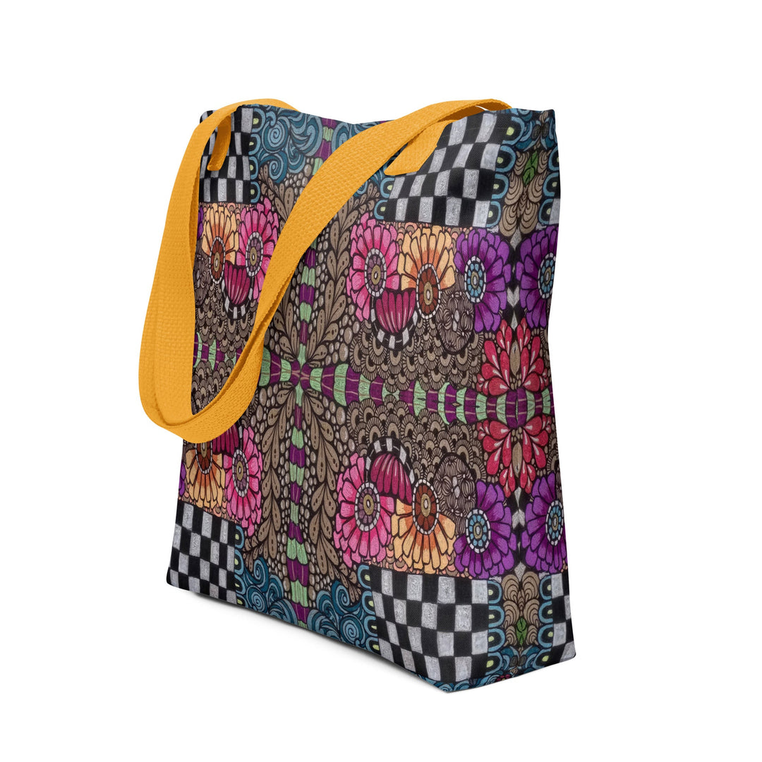 Whimsy Grid Bloom Tote Bag – Colorful Pattern Carry Bag - Polendo Design tote bag