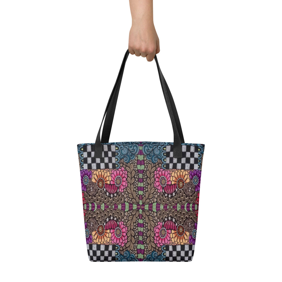 Whimsy Grid Bloom Tote Bag – Colorful Pattern Carry Bag - Polendo Design tote bag