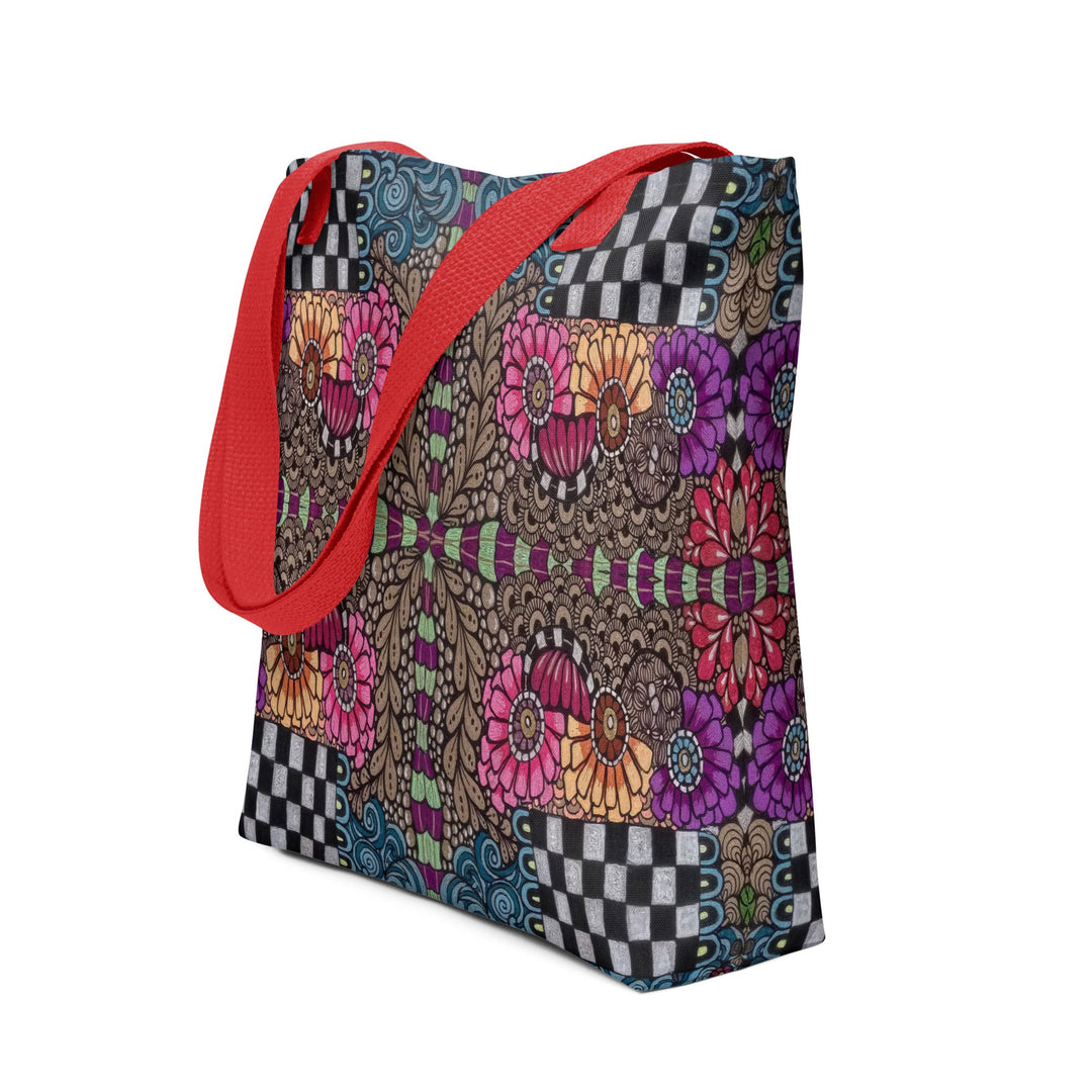 Whimsy Grid Bloom Tote Bag – Colorful Pattern Carry Bag - Polendo Design tote bag