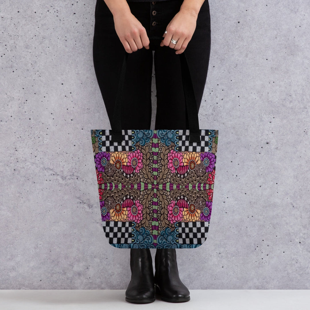 Whimsy Grid Bloom Tote Bag – Colorful Pattern Carry Bag - Polendo Design tote bag
