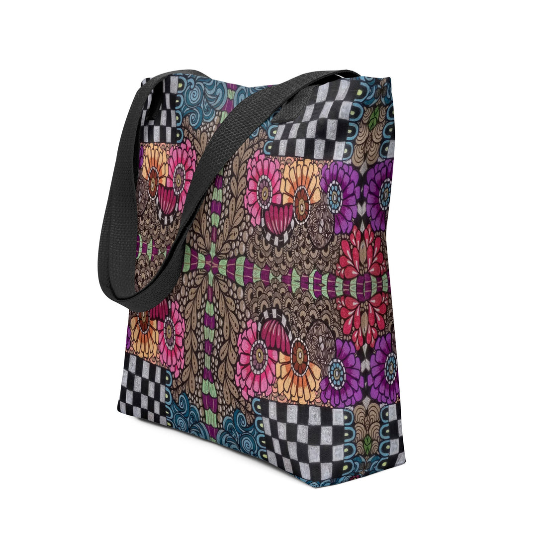 Whimsy Grid Bloom Tote Bag – Colorful Pattern Carry Bag - Polendo Design tote bag