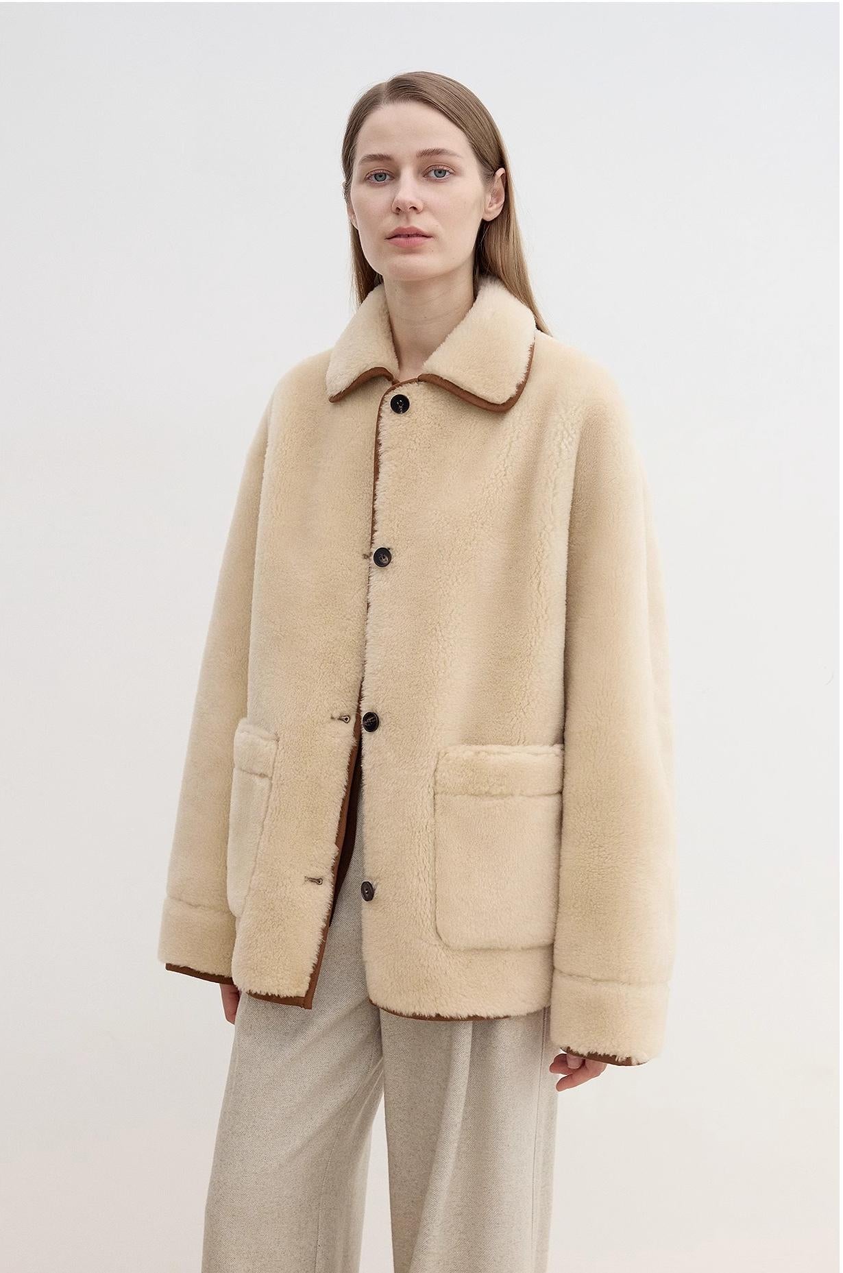 "Winter Concerto" Lapel Wool Artificial Compound Suede Vintage Contrast Colored Shearling Coat - Polendo Design
