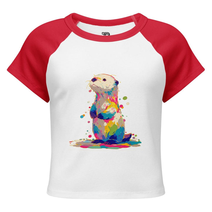 Women’s micro rib raglan baby tee - Polendo Design Paint Puddle Otter Micro-Rib Raglan Baby Tee